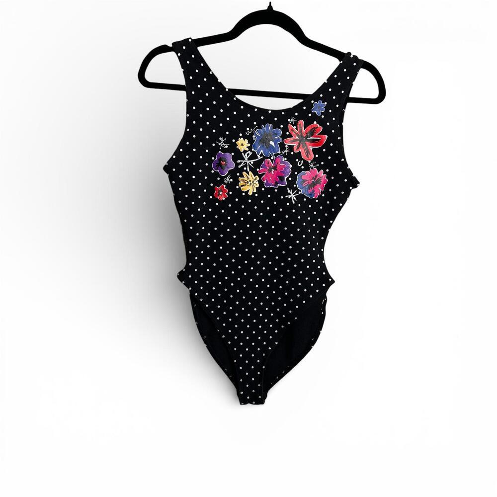 Black 90s Polka Dot Floral Print One-Piece Bodysuit
